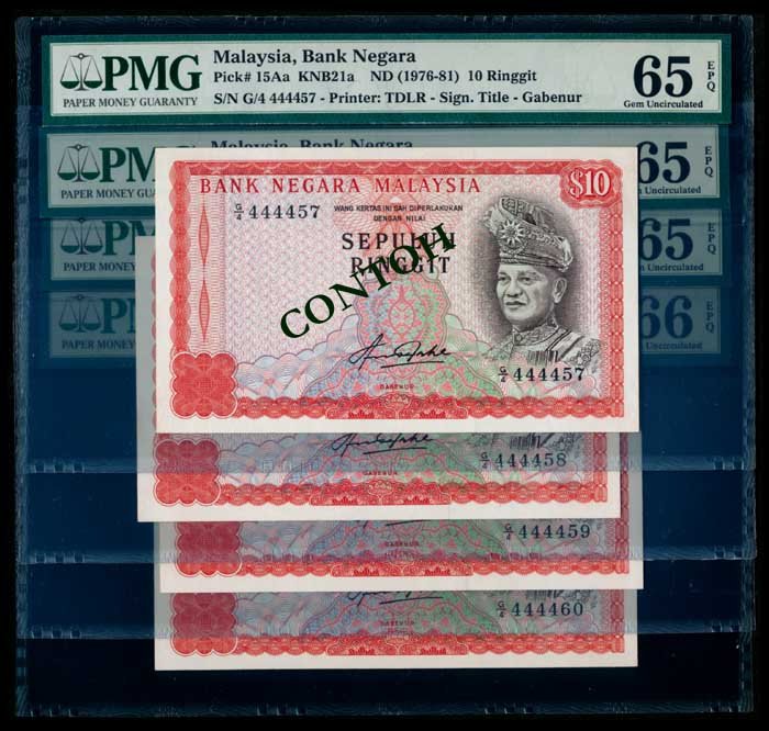 4 Malaysia $10 1981-83 consecutive PMG: Malaysia $10, (1981-83), 4th series, sign. Aziz Taha, (KNB.21a), serial nos. G/4 444457 to 460, 4 consecutive notes, 1st, 2nd and 3rd notes graded PMG Gem UNC65EPQ, last note graded PMG Gem UNC66EPQ. 