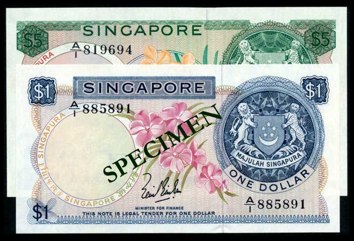 Singapore $1 $5 1967 LKS 1st prefix AU-UNC: Singapore $1, (1967), orchids, sign. Lim Kim San, serial no. A/1 885891; $5, (1967), orchids, sign. Lim Kim San, serial no. A/1 819694; both 1st prefix notes, AU-UNC. (2) From the Eric Huang Collectio