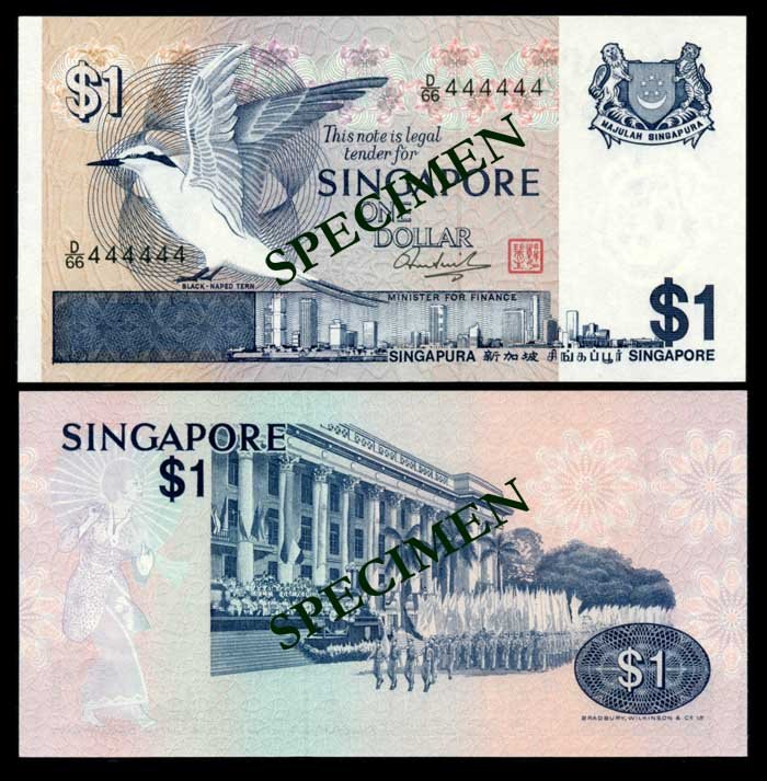 Singapore $1 1976 bird D/66 444444 AU-UNC: Singapore $1, (1976), bird, serial no. D/66 444444, AU-UNC. From the Eric Huang Collection.