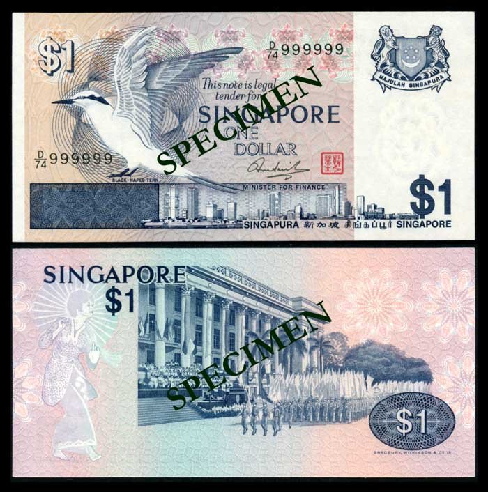 Singapore $1 1976 bird D/74 999999 AU-UNC: Singapore $1, (1976), bird, serial no. D/74 999999, AU-UNC. From the Eric Huang Collection.