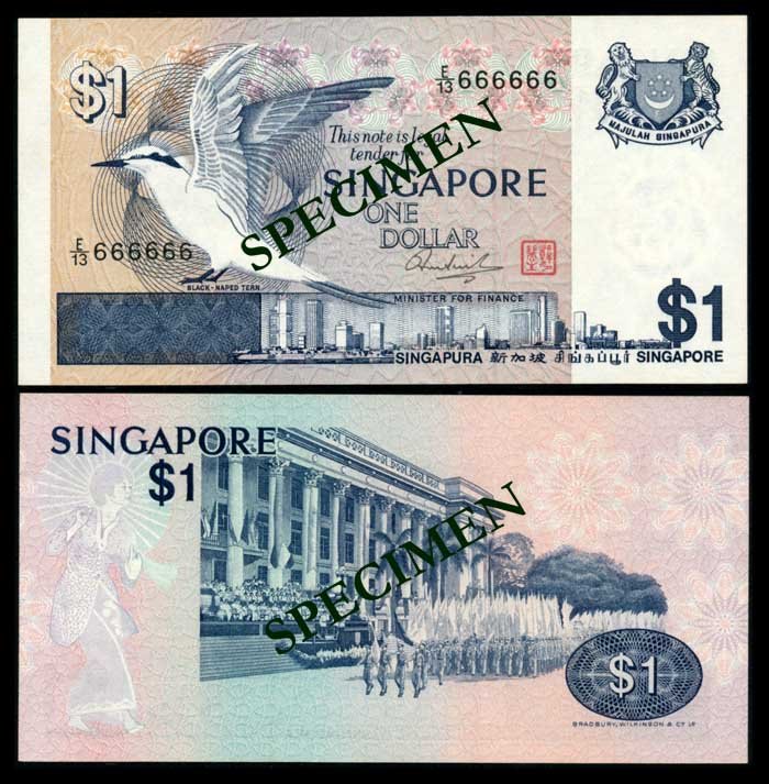 Singapore $1 1976 bird E/13 666666 AU-UNC: Singapore $1, (1976), bird, serial no. E/13 666666, AU-UNC. From the Eric Huang Collection.