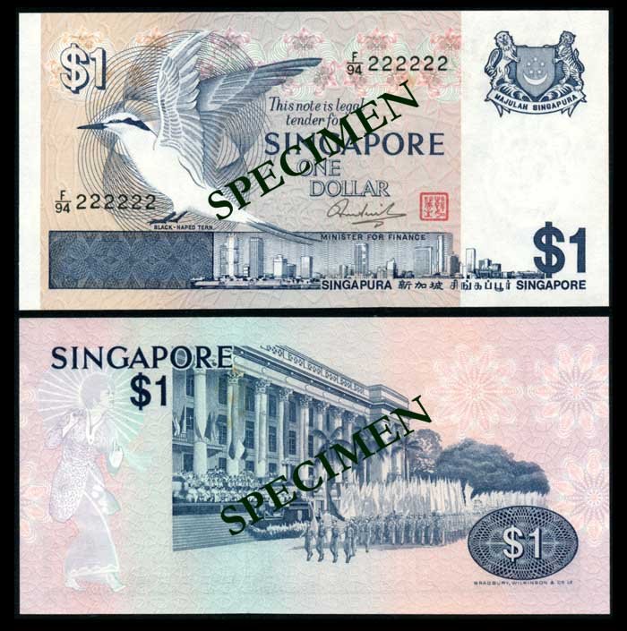 Singapore $1 1976 bird F/94 222222 AU-UNC: Singapore $1, (1976), bird, serial no. F/94 222222, AU-UNC. From the Eric Huang Collection.