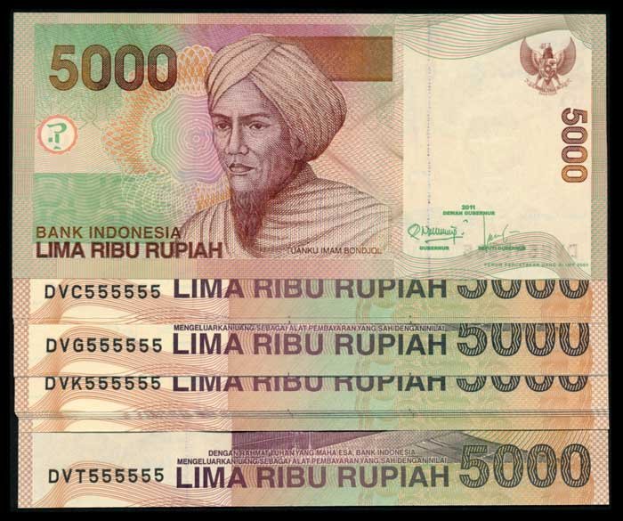 15 Indonesia 5000 Rupiah 2011 AU-UNC: Indonesia Bank Indonesia, 5000 Rupiah, 2011, various prefixes, all serial no. 555555, AU-UNC. (15)