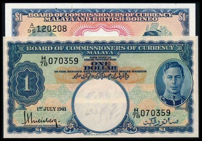 2 Malaya $1 1941 KGVI MBB $1 1953 QEII: Malaya $1, 1 July 1941, King George VI, (P.11; Tan M9), serial no. H/78 070359; Malaya & British Borneo: $1, 21 March 1953, Queen Elizabeth II, (P.1a; Tan M18), serial no. A/95 120208, AU-UNC. (2)