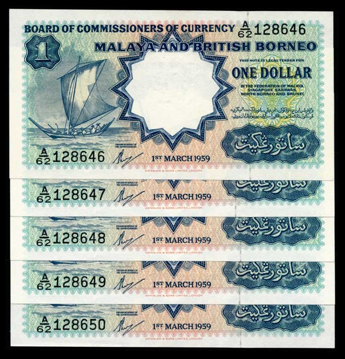 Malaya Br Borneo 5x$1 1959 sailing boat: Malaya & British Borneo $1, 1 March 1959, sailing boat, Waterlow & Sons, (P.8a; Tan M25), serial nos. A/62 128646 to 650, 5 consecutive notes, generally AU. (5)