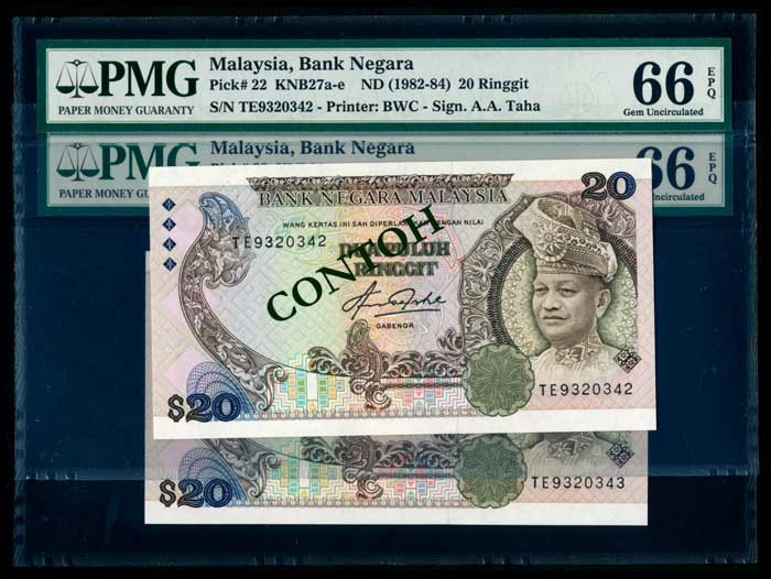 Malaysia 2x$20 1982-84 consecutive PMG: Malaysia $20, (1982-84), 5th series, sign. Aziz Taha, (KNB.27e), serial nos. TE 9320342 to 343, consecutive pair, both graded PMG Gem UNC66EPQ. (2)