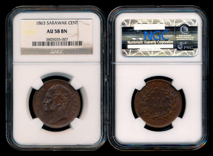Sarawak J Brooke 1c 1863 NGC AU58BN: Sarawak J. Brooke, Cent, (KM.3), 1863, NGC AU58BN. This Lot is subject to 7% Goods and Services Tax on both the Hammer Price and the Buyers Premium if the Lot is delivered in Singapore. No GST is pay