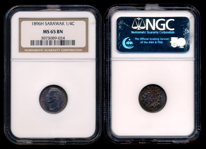 Sarawak C Brooke 1/4c 1896H NGC MS65BN: Sarawak C. Brooke, Quarter Cent, (KM.4), 1896H, NGC MS65BN.