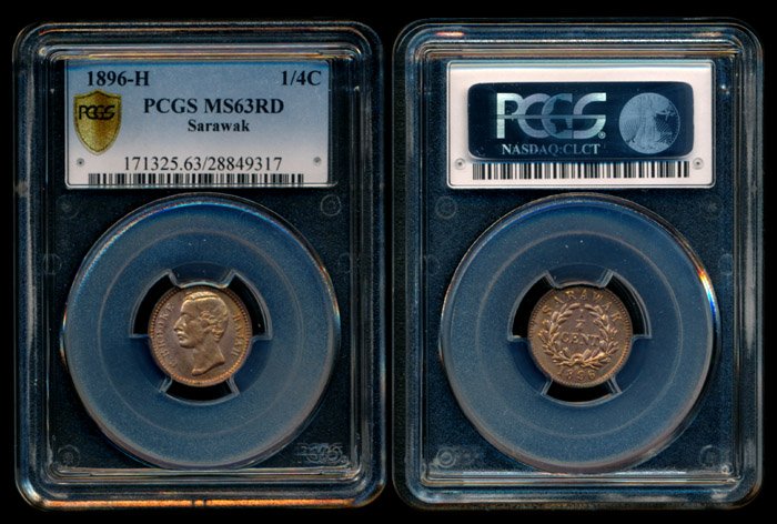 Sarawak C Brooke 1/4c 1896H PCGS MS63RD: Sarawak C. Brooke, Quarter Cent, (KM.4), 1896H, PCGS MS63RD.