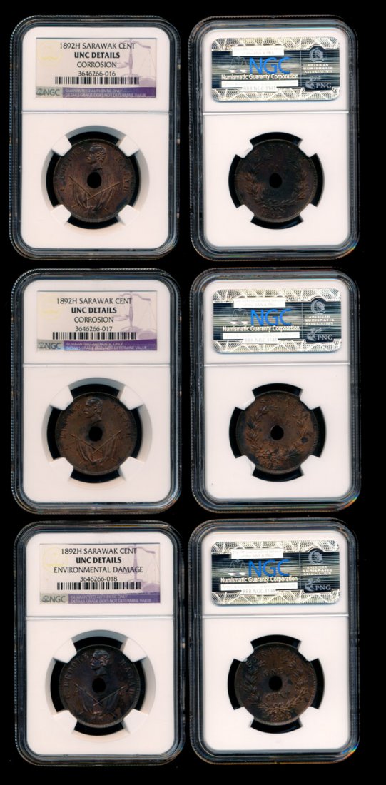 3 Sarawak C Brooke 1c 1892H NGC: Sarawak C. Brooke, Cent (3), (KM.7), 1892H, NGC UNC Details - Corrosion, UNC Details - Corrosion and UNC Details - Environmental Damage respectively. (3)