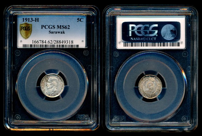 Sarawak C Brooke 5c 1913H PCGS MS62: Sarawak C. Brooke, 5 Cents, (KM.8), 1913H, PCGS MS62.