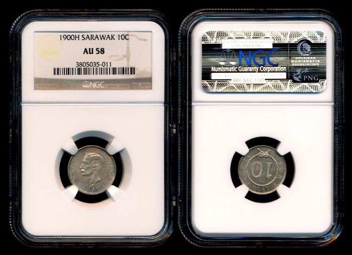 Sarawak C Brooke 10c 1900H NGC AU58: Sarawak C. Brooke, 10 Cents, (KM.9), 1900H, NGC AU58. This Lot is subject to 7% Goods and Services Tax on both the Hammer Price and the Buyers Premium if the Lot is delivered in Singapore. No GST is