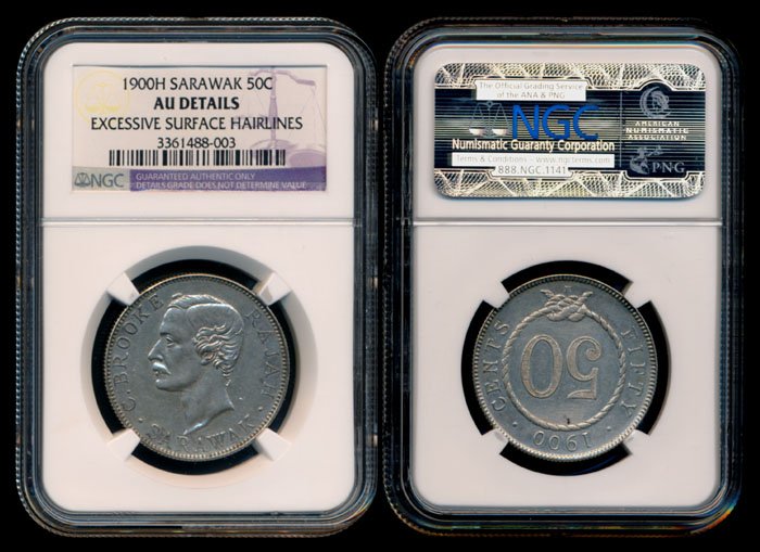 Sarawak C Brooke 50c 1900H NGC AU Details: Sarawak C. Brooke, 50 Cents, (KM.11), 1900H, NGC AU Details - excessive surface hairlines.