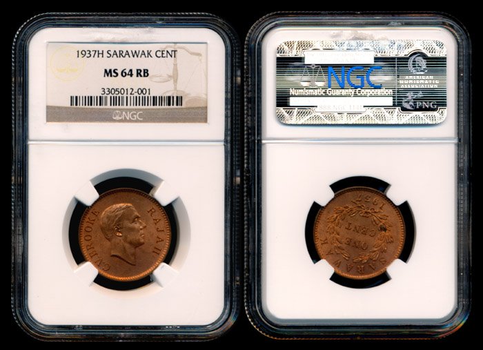 Sarawak CV Brooke 1c 1937H NGC MS64RB: Sarawak C.V. Brooke, Cent, (KM.18), 1937H, NGC MS64RB.