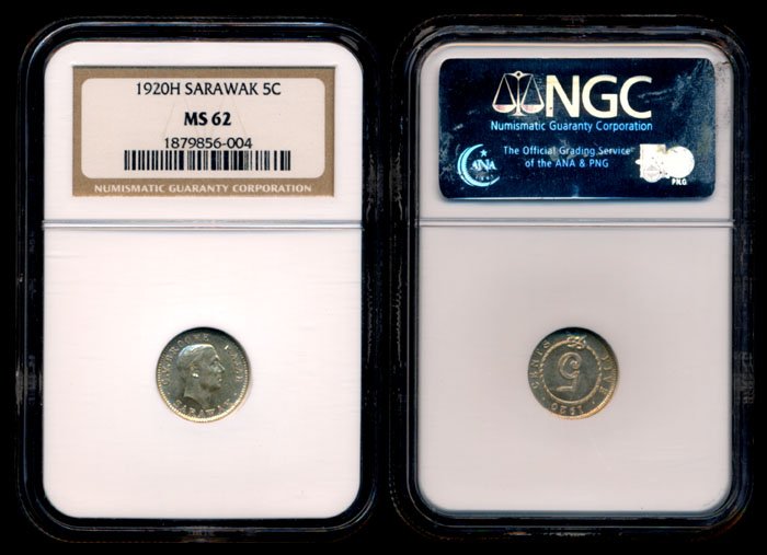 Sarawak CV Brooke 5c 1920H silver NGC MS62: Sarawak C.V. Brooke, 5 Cents, (KM.13), 1920H, silver, NGC MS62.