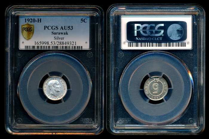 Sarawak CV Brooke 5c 1920H silver PCGS AU53: Sarawak C.V. Brooke, 5 Cents, (KM.13), 1920H, silver, PCGS AU53.