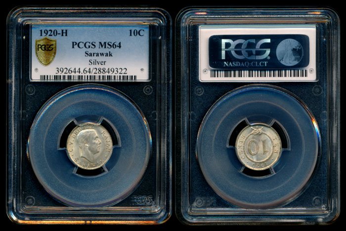 Sarawak CV Brooke 10c 1920H silver PCGS MS64: Sarawak C.V. Brooke, 10 Cents, (KM.15), 1920H, silver, PCGS MS64.