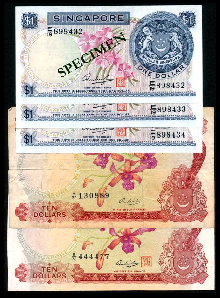 Singapore 3x$1 1972 $10 1972 $10 1973 HSS: Singapore $1, (1972), orchids, sign. Hon Sui Sen with seal, serial nos. E/19 898432 to 434 (3 consecutive notes); $10, (1972), orchids, sign. Hon Sui Sen without seal, serial no. A/97 130889; $10, (19
