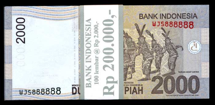 Indonesia 100x2000 Rupiah 2009-13: Indonesia Bank Indonesia, 2000 Rupiah, 2009-13, serial nos. WJS 888801 to 900, 100 consecutive notes, with original Bank Indonesia band, generally AU-UNC. (100)