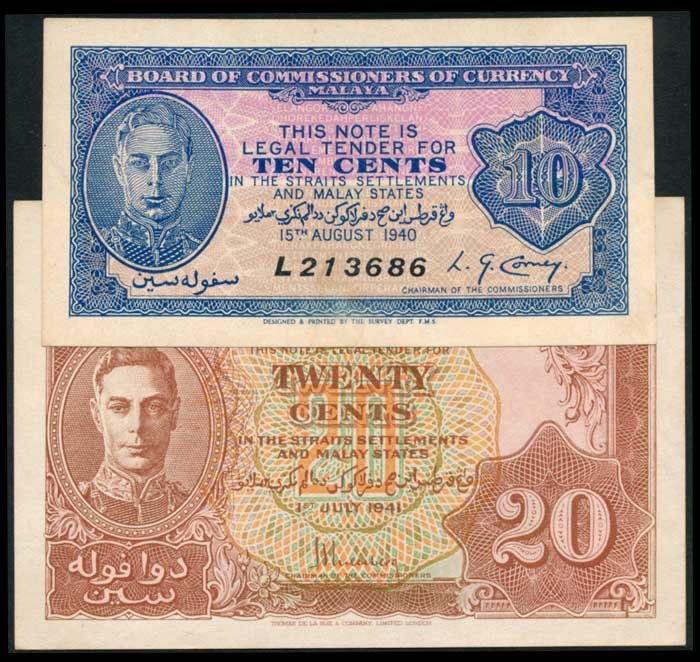 2 Malaya 10c-20c 1940-41 KGVI: Malaya 10 Cents, 15 August 1940, King George VI, (P.2; Tan M1), serial no. L 213686; 20 Cents, 1 July 1941, King George VI, (P.9a; Tan M5), GVF-EF. (2)