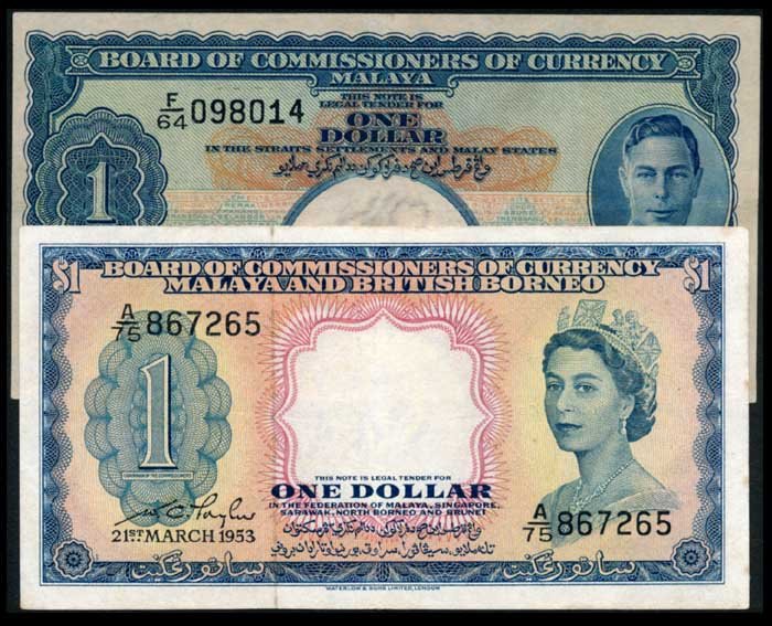 2 Malaya $1 1941 KGVI MBB $1 1953 QEII: Malaya $1, 1 July 1941, King George VI, (P.11; Tan M9), serial no. F/64 098014; Malaya & British Borneo: $1, 21 March 1953, Queen Elizabeth II, (P.1a; Tan M18), serial no. A/75 867265; ageing, VF. (2)
