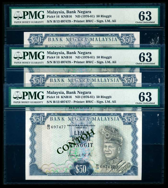 3 Malaysia $50 1976-81 PMG Choice UNC63: Malaysia $50, (1976-81), 3rd series, sign. Ismail Md. Ali, (KNB.16), serial nos. B/13 697477 to 479, 3 consecutive notes, all graded PMG Choice UNC63. (3)