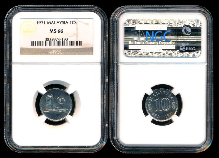 Malaysia 10 Sen 1971 NGC MS66: Malaysia 10 Sen, (KM.3), 1971, NGC MS66.