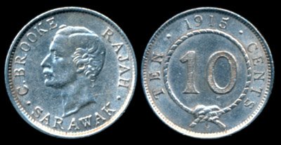 Sarawak C Brooke 10c 1915H AU: Sarawak C. Brooke, 10 Cents, (KM.9), 1915H, AU.