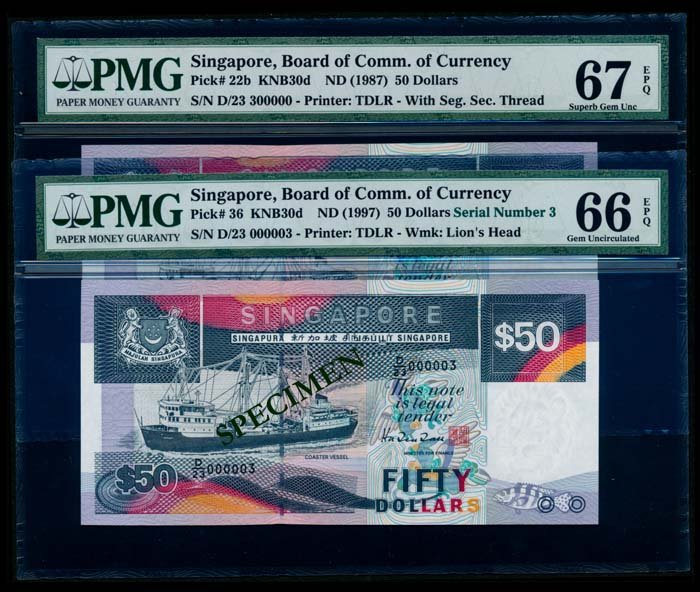 Singapore 2x$50 1987-97 ship PMG: Singapore $50, (1997), ship, serial no. D/23 000003, low number note, PMG Gem UNC66EPQ; $50, (1987), ship, segmented security thread, serial no. D/23 300000, PMG Superb Gem UNC67EPQ. (2)