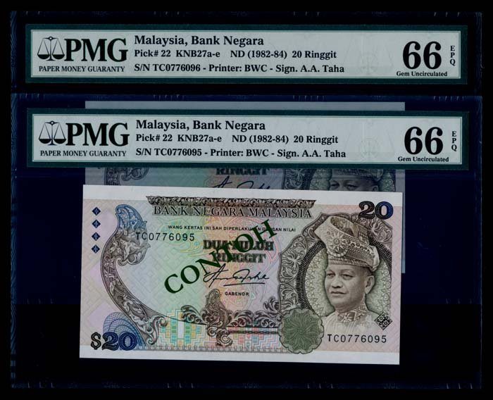 Malaysia 2x$20 1982-84 PMG: Malaysia $20, (1982-84), 5th series, sign. Aziz Taha, (KNB.27c), serial nos. TC 0776095 to 096, consecutive pair, both graded PMG Gem UNC66EPQ. (2)