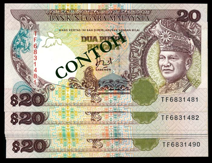 Malaysia 10x$20 1986-95 1st prefix AU-UNC: Malaysia $20, (1986-95), 6th series, sign. Jaffar Hussein, (KNB.35a), serial nos. TF 6831481 to 490, 10 consecutive 1st prefix notes, generally AU-UNC. (10)