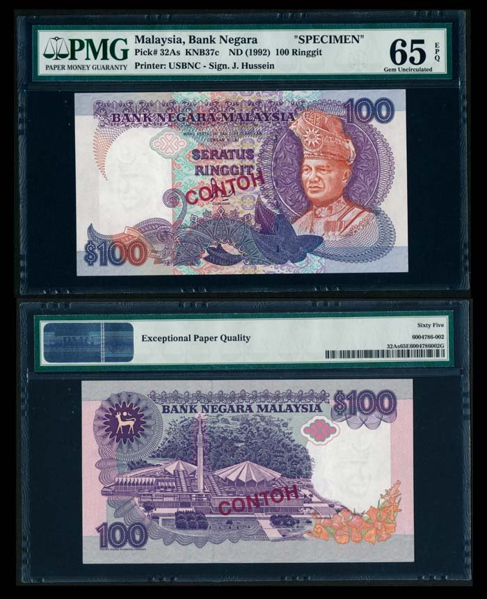 Malaysia $100 1986-95 specimen PMG: Malaysia $100, (1986-95), 6th series, sign. Jaffar Hussein, USBC, specimen, (KNB.37c), no serial no., "CONTOH" ovpts., PMG Gem UNC65EPQ.