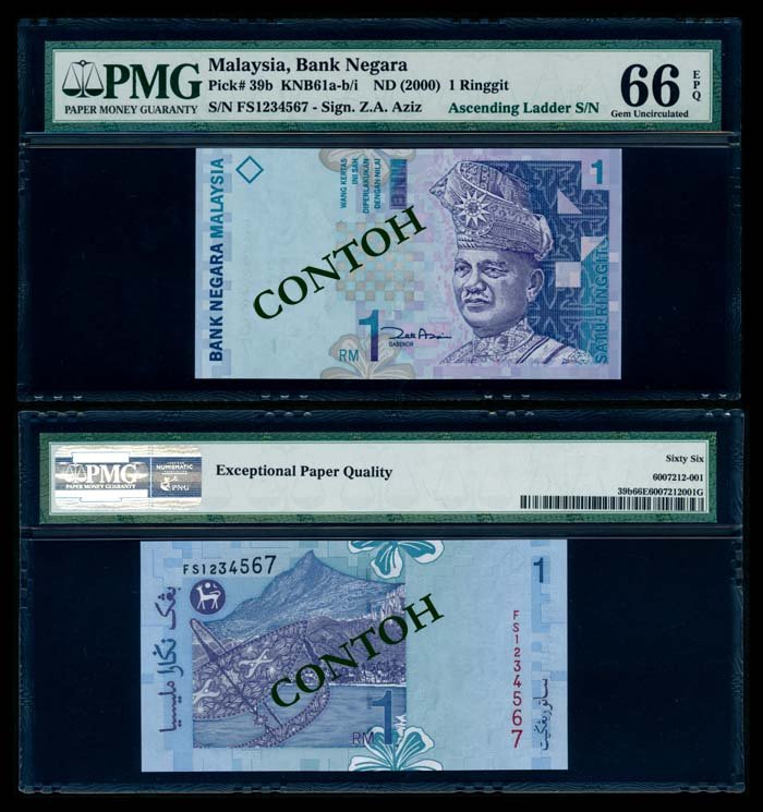 Malaysia RM1 2000 FS 1234567 PMG: Malaysia RM1, (2000), 11th series, sign. Zeti Aziz, (KNB.61a), serial no. FS 1234567, ascending ladder serial no., PMG Gem UNC66EPQ.