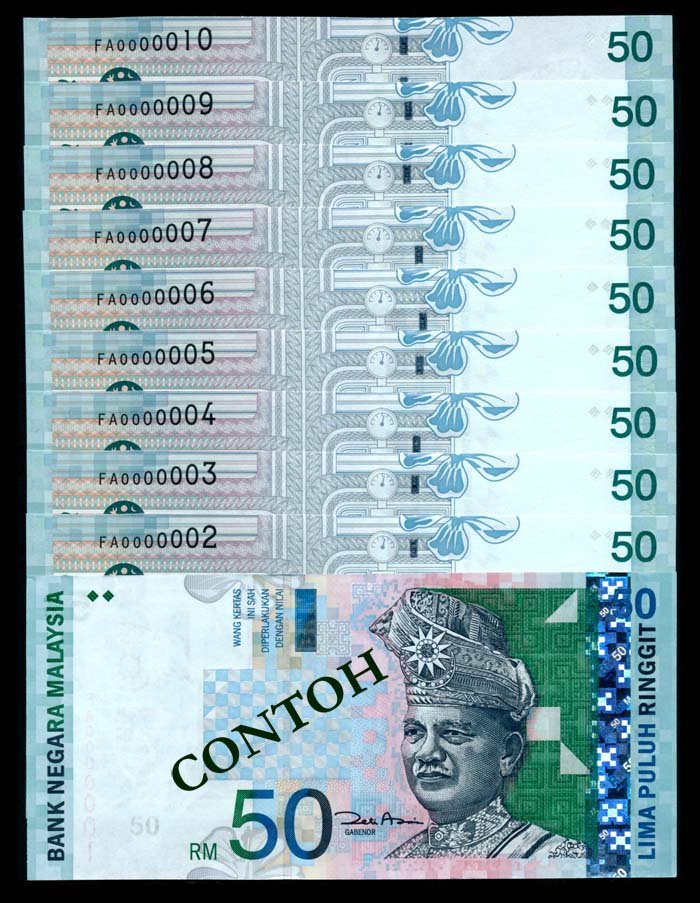 Malaysia 10xRM50 2000 AU-UNC: Malaysia RM50, (2000), 11th series, sign. Zeti Aziz, (KNB.64a), serial nos. FA 0000001 to 010, 10 consecutive notes, generally AU-UNC. (10)