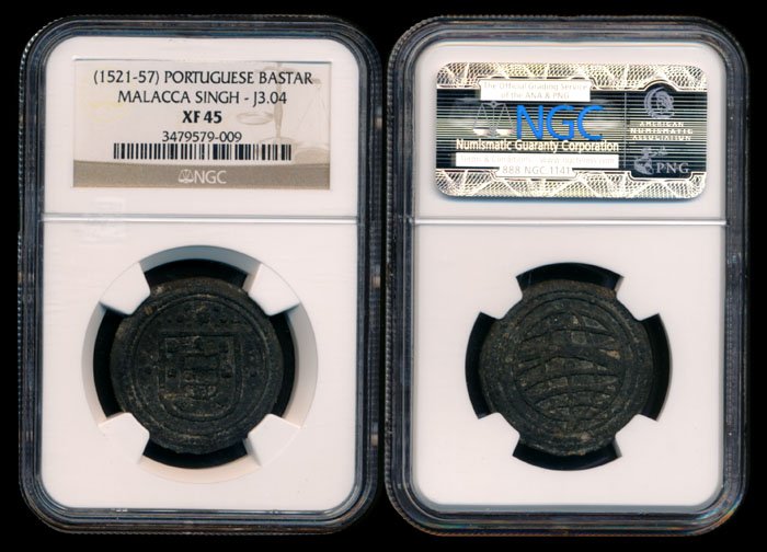 Malaysia Portuguese Malacca Bastardo 1521-57: Malaysia Portuguese Malacca Bastardo 1521-57 Malaysia Portuguese Malacca, Dom Joao de Castro, Bastardo, (Sim J3.04), (1521-57), NGC XF45. This Lot is subject to 7% Goods and Services Tax on both the H