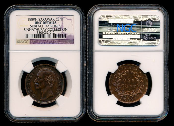 Sarawak C Brooke 1c 1889H NGC UNC Details: Sarawak C. Brooke, Cent, (KM.6), 1889H, NGC UNC Details - surface hairlines. From the Sinnathuray Family Collection.