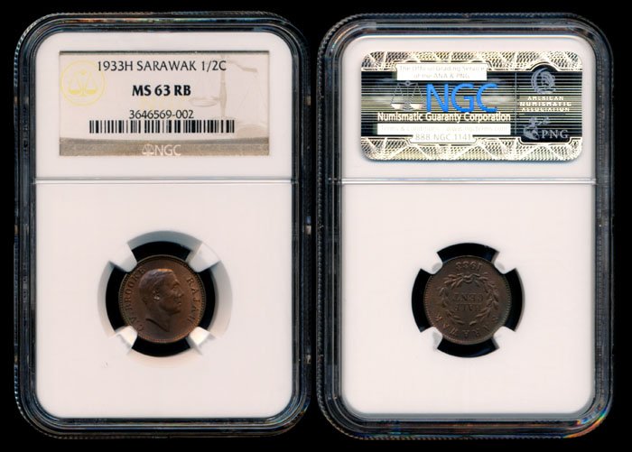 Sarawak CV Brooke 1/2c 1933H NGC MS63RB: Sarawak C.V. Brooke, Half Cent, (KM.20), 1933H, NGC MS63RB.