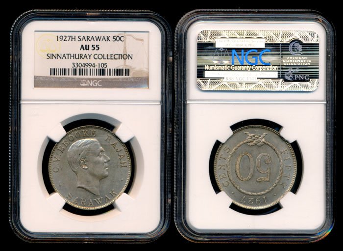 Sarawak CV Brooke 50c 1927H NGC AU55: Sarawak C.V. Brooke, 50 Cents, (KM.19), 1927H, NGC AU55. From the Sinnathuray Family Collection.