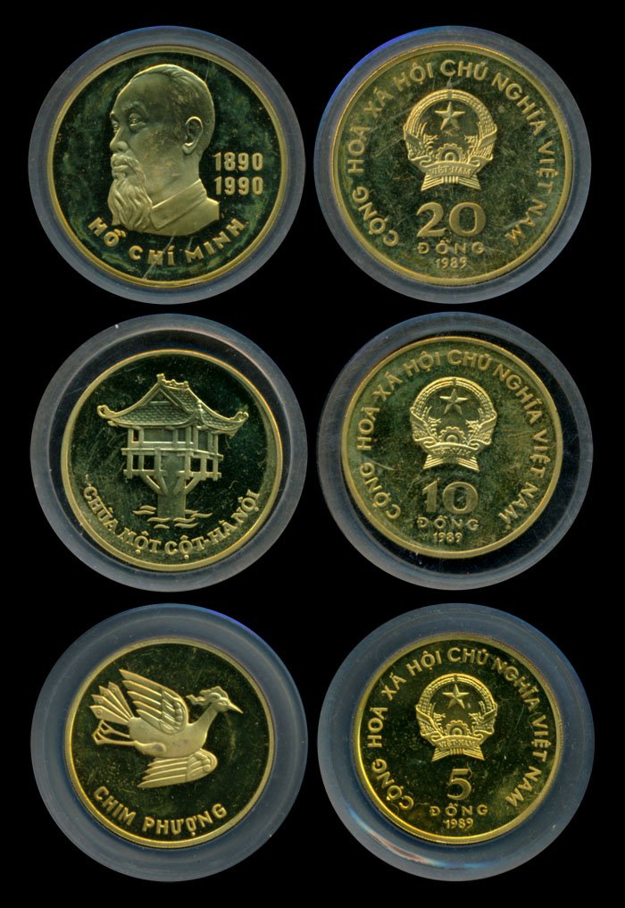 3 Viet Nam 5-20 Dong 1989(L) proof: 3 Viet Nam 5-20 Dong 1989(L) proof Viet Nam 5, 10, 20 Dong, (KM.36, 38, 40), 1989(L), proofs, with box. (3 coins) Viewing recommended, sold as is, no return. This Lot is subject to 7% Goods and Servic