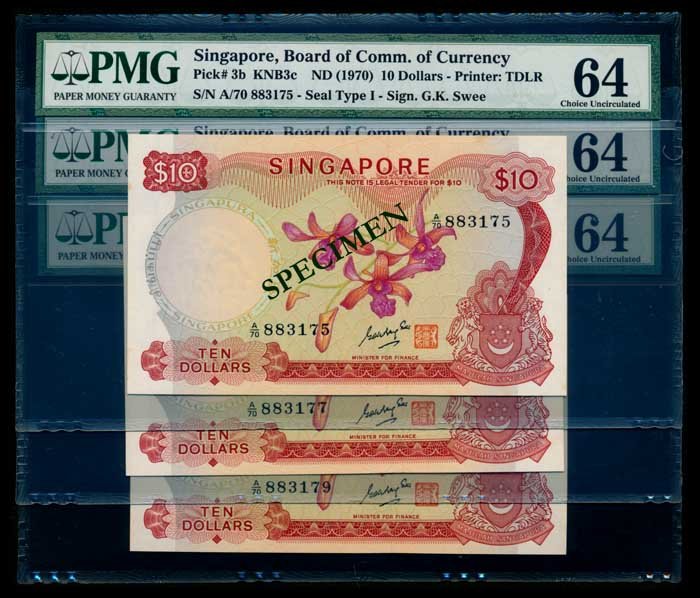 Singapore $10x3 1970 GKS PMG Choice UNC64 (1 of 1)