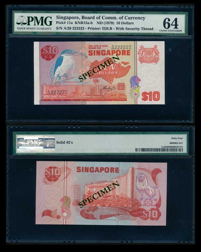 Singapore $10 1976 bird A/28 222222 PMG (1 of 1)