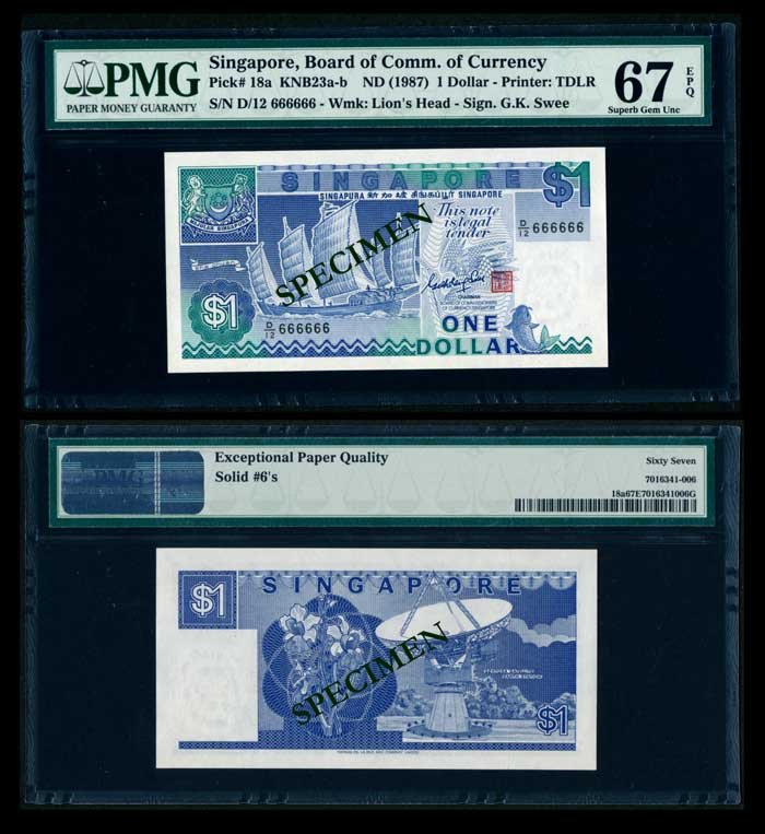 Singapore $1 1987 ship GKS D/12 666666 PMG (1 of 1)