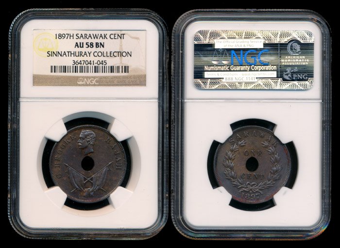 Sarawak C Brooke 1c 1897H NGC AU58BN: Sarawak C. Brooke, Cent, (KM.7), 1897H, NGC AU58BN. From the Sinnathuray Family Collection.