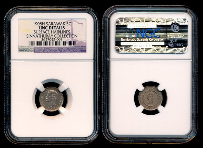 Sarawak C Brooke 5c 1908H NGC UNC Details: Sarawak C. Brooke, 5 Cents, (KM.8), 1908H, NGC UNC Details - surface hairlines. From the Sinnathuray Family Collection.