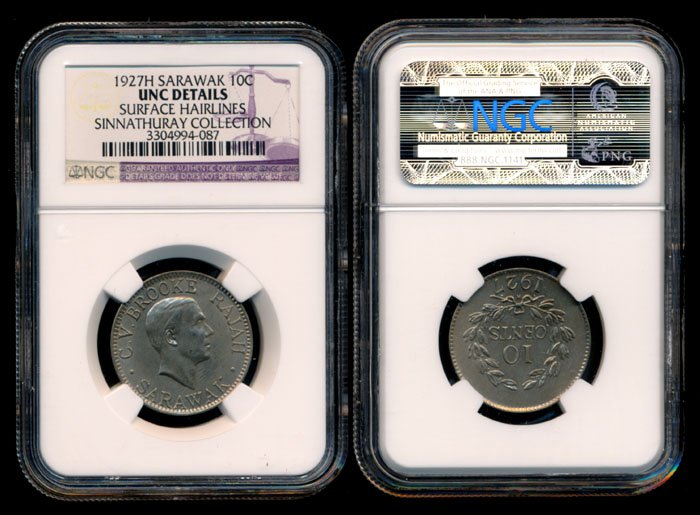 Sarawak CV Brooke 10c 1927H NGC UNC Details: Sarawak C.V. Brooke, 10 Cents, (KM.16), 1927H, NGC UNC Details - surface hairlines. From the Sinnathuray Family Collection.