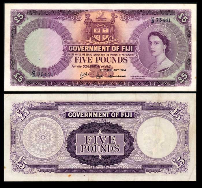 Fiji 5 Pounds 1964 QEII VF: Fiji Government of Fiji, 5 Pounds, 20 January 1964, Queen Elizabeth II, (P.54e), serial no. C/2 75441, stains, ageing, VF.