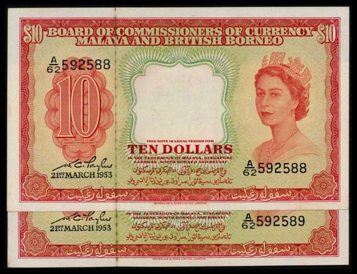 Malaya Br Borneo 2x$10 1953 QEII AU (1 of 1)