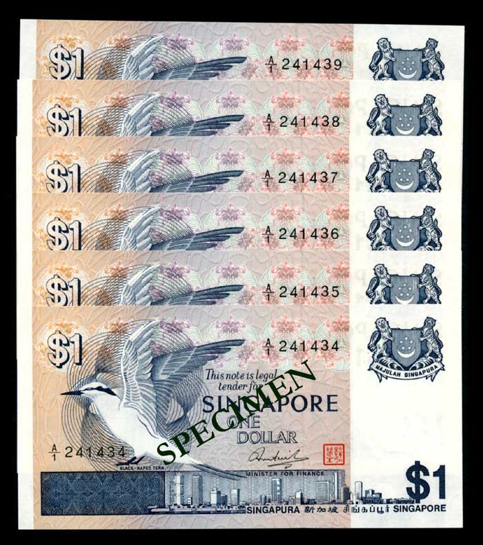 Singapore 6x$1 1976 bird 1st prefix AU-UNC (1 of 1)