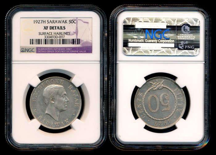 Sarawak CV Brooke 50c 1927H NGC XF Details: Sarawak C.V. Brooke, 50 Cents, (KM.19), 1927H, NGC XF Details - surface hairlines.