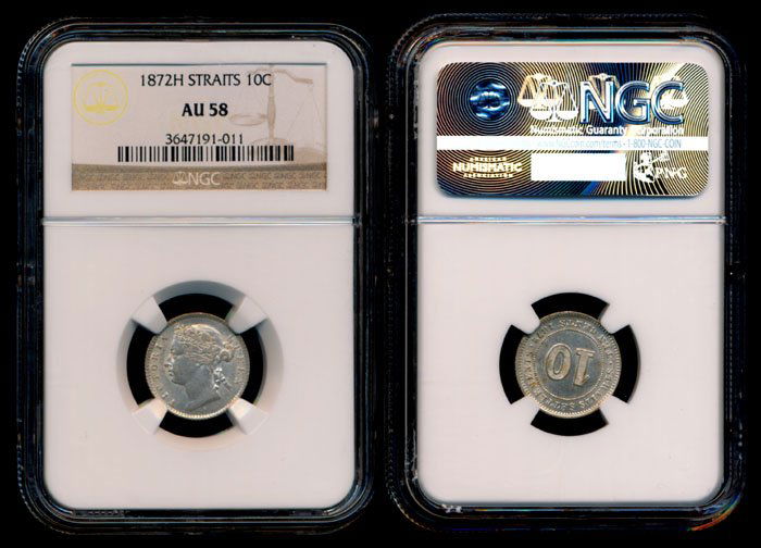 Straits Settlements QV 10c 1872H NGC AU58 (1 of 1)